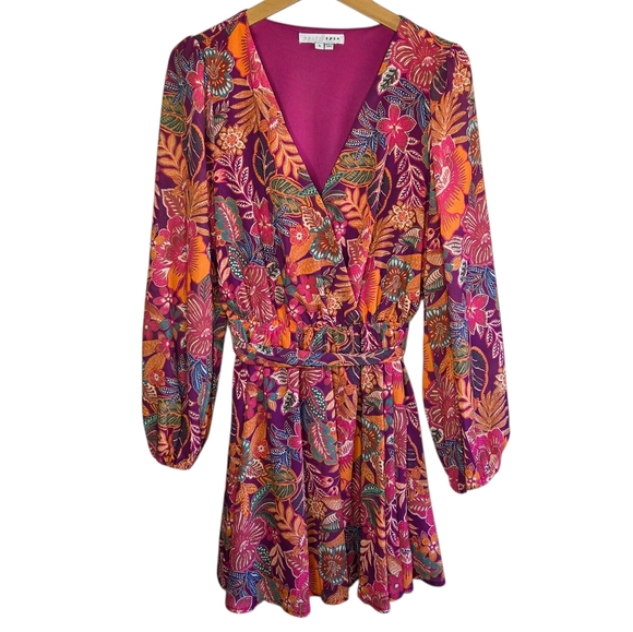 Baltic Born Dresses & Skirts - Baltic Born Boho Colorful Floral Newark Long Sleeve V-neck Mini Dress Size Small